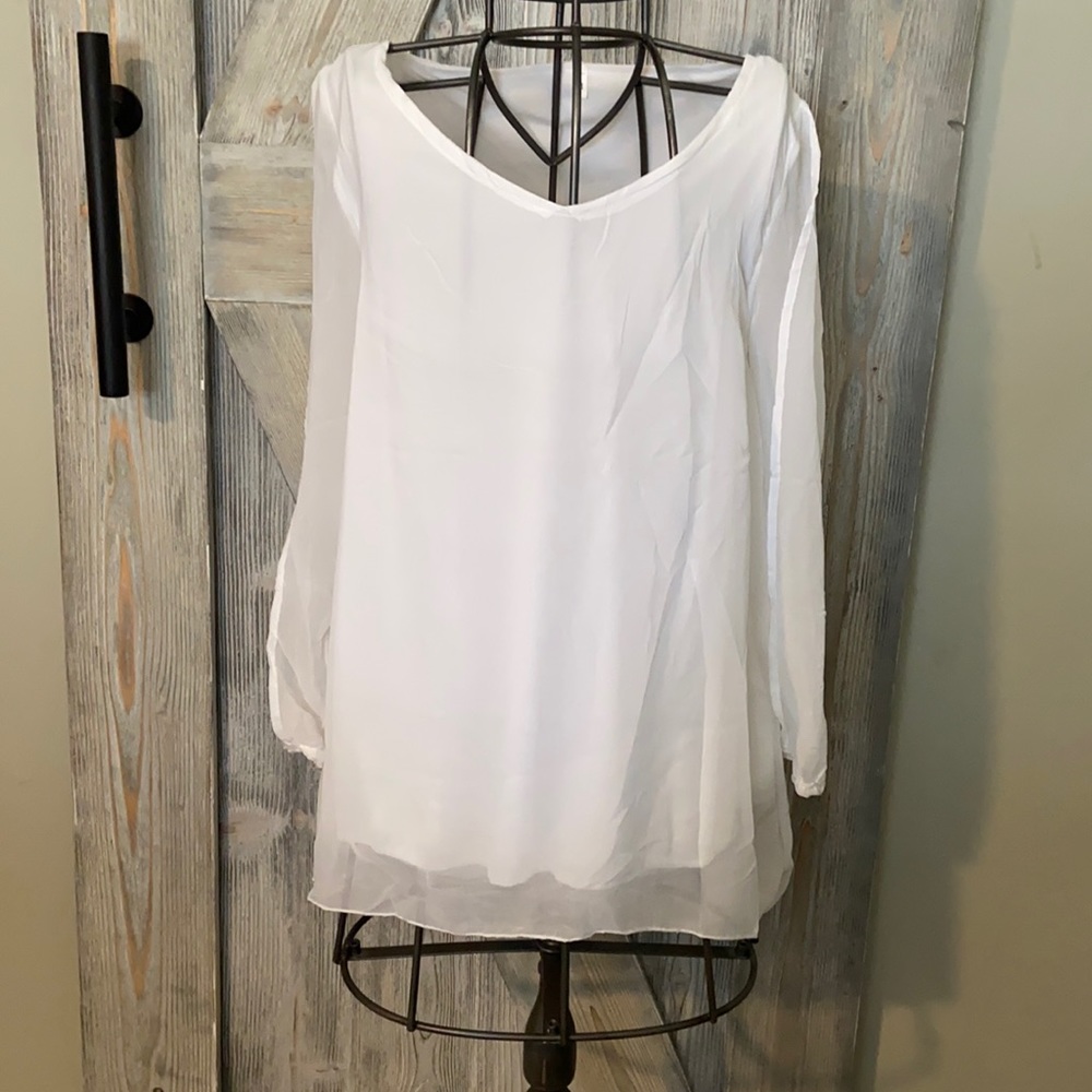 White satin shirt with cut-out sleeves!
